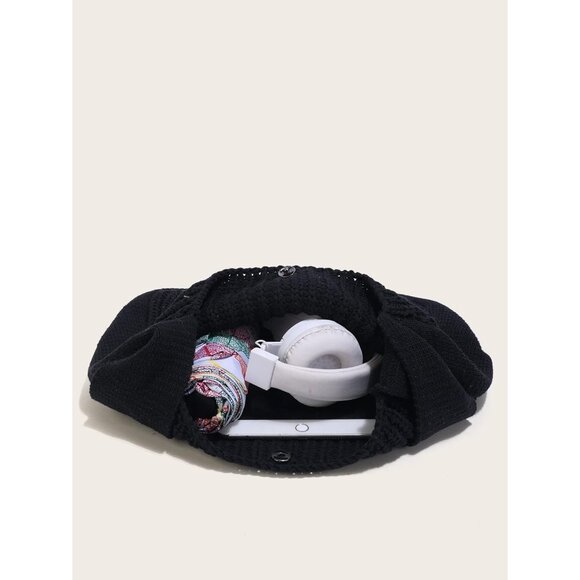 Women's Black Shoulder Handbags Crocheted Bags Large Knit Bag Tote Bag - Picture 4 of 9